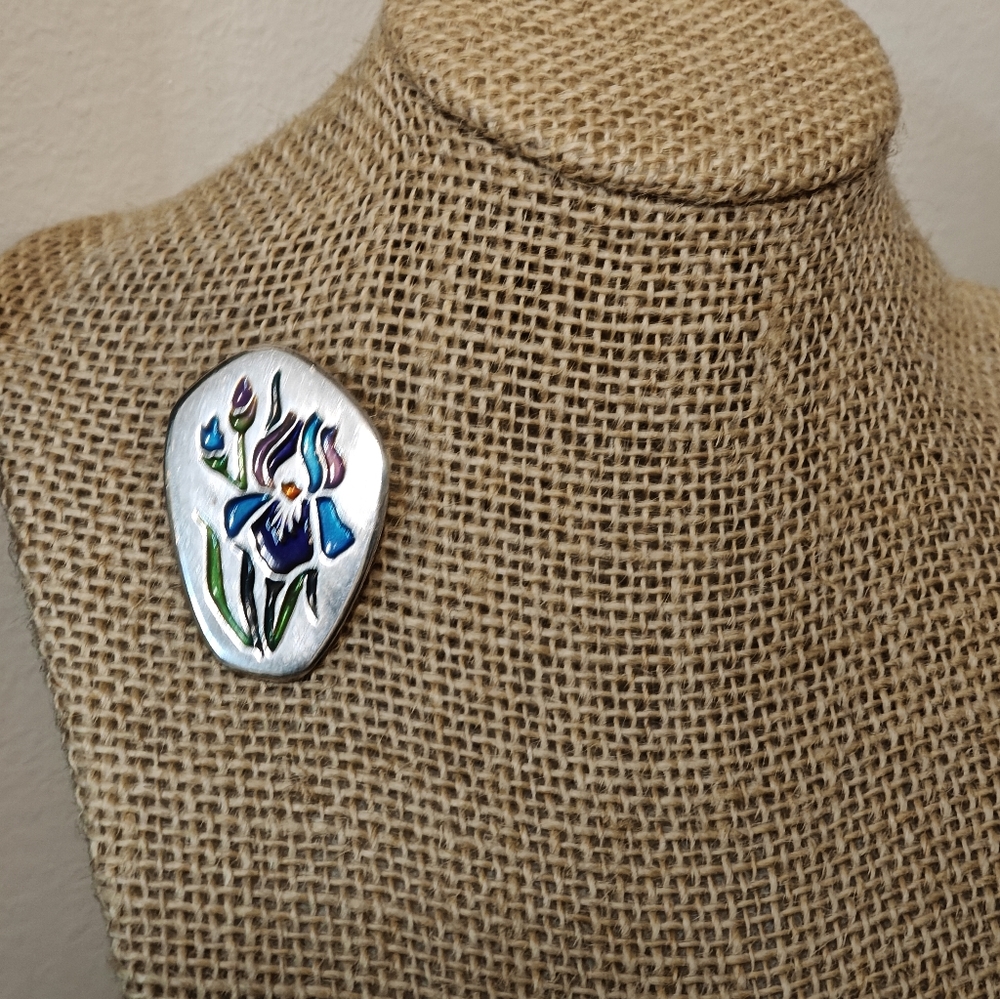Vintage Iris Flower Pin/Pendant Enamel over Sterling Silver